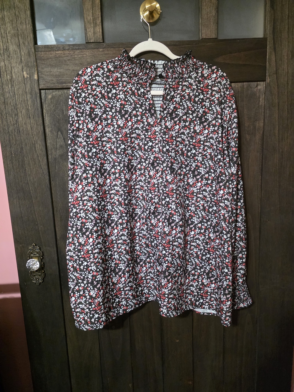 SHEIN Black Floral Smocked Neck Blouse with Red & White Flowers